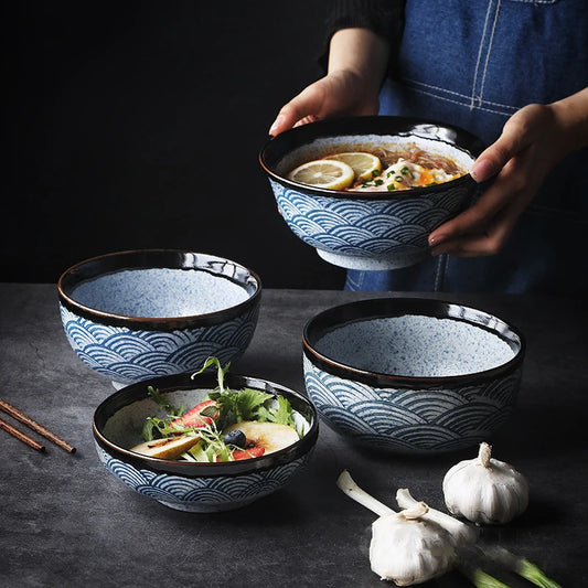 Hand Painting Large Blue Ceramic Ramen Bowl, Soup Salad Plate, Japanese Noodle Dish, Kitchen Mixing Bowls, Tableware