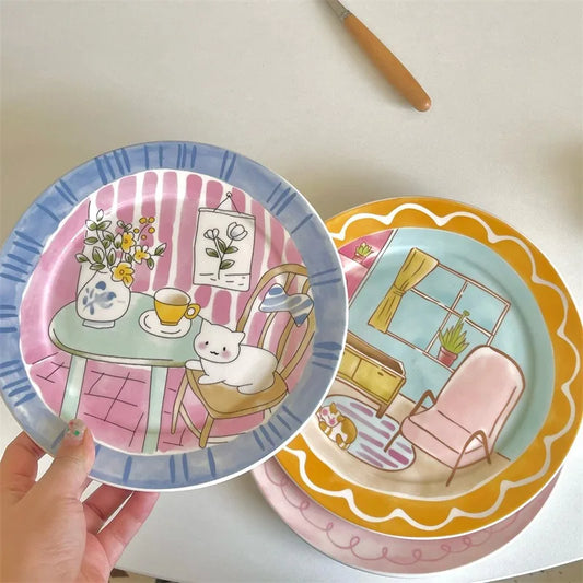 Cute and Playful Cartoon Ceramic Plate Korean High Aesthetic Household Tableware Dessert Plate Salad BreakfastPlate Ceramic Flat