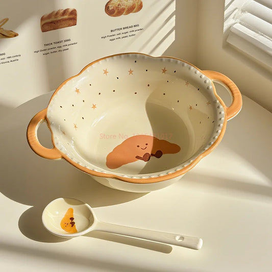 Cute Croissant Bread Shape Ceramic Rice Bowl Soup Bowl Set 2025 New Design Modern Home Tableware For One Person Gift