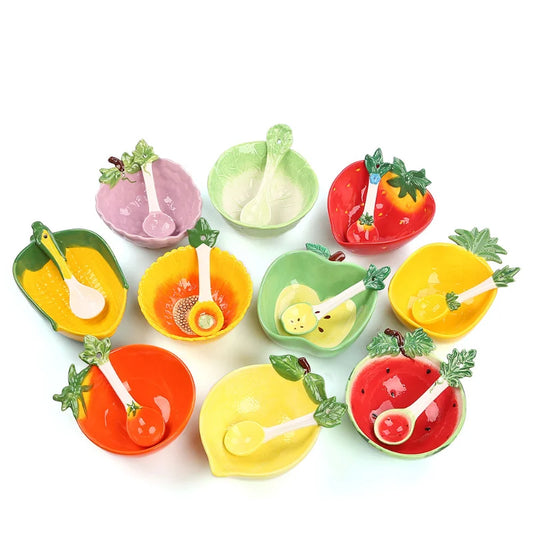 Ceramic Strawberry Bowl with Spoon Creative Fruit Shape Dessert Pudding Salad Bowl Ice Cream Cup Ceramic Spice Dishes Tableware