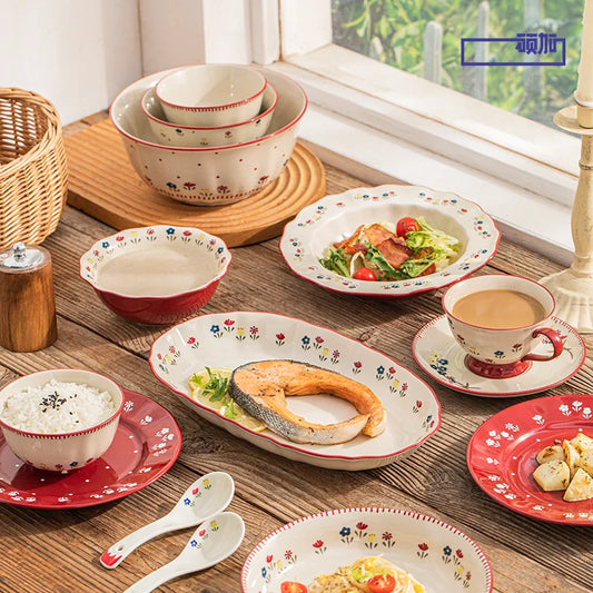 High Quality Vintage Ceramic Dinnerware Ceramic Soup Bowl Salad Pasta Plate Microwave Safe Colorful Ceramic Plates Bowls Set