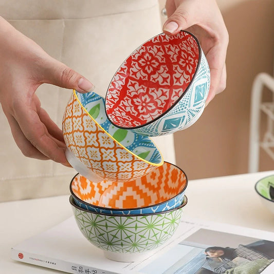 4Pcs Bohemian-style Noodle Bowl Household Rice Ceramic Bowl Restaurant Home Tableware Eating Dishes Soup Bowls