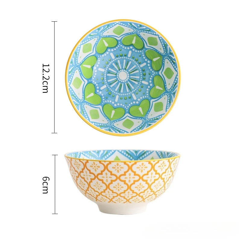 4Pcs Bohemian-style Noodle Bowl Household Rice Ceramic Bowl Restaurant Home Tableware Eating Dishes Soup Bowls