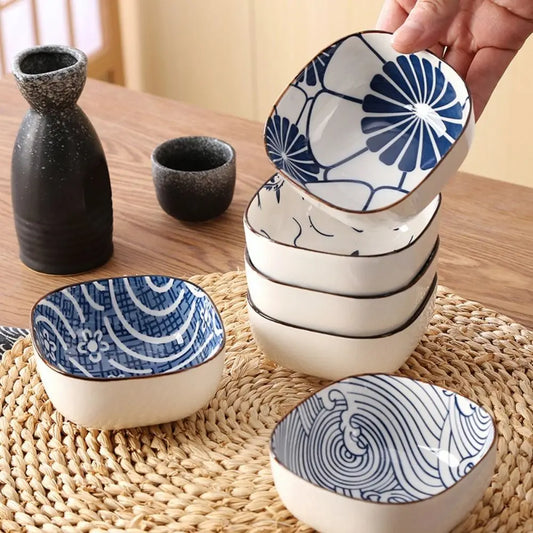 2/6Pcs Vintage Blue Dipping Bowls Ceramic Japanese Style Mini Appetizer Plates Thicken Dishwasher Safe Small Side Dishes