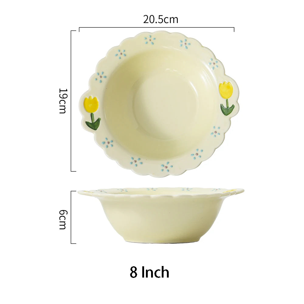 Cute Tulip Ceramic Dinnerware Set Exquisite Hand Drawn Relief Flower Paltes Home Restaurant Tableware Dessert Dinner Plate