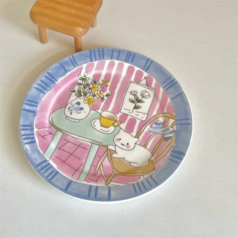 Cute and Playful Cartoon Ceramic Plate Korean High Aesthetic Household Tableware Dessert Plate Salad BreakfastPlate Ceramic Flat
