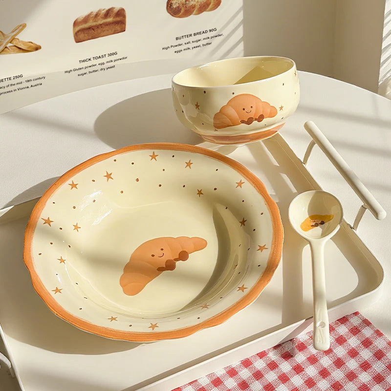 Cute Croissant Bread Shape Ceramic Rice Bowl Soup Bowl Set 2025 New Design Modern Home Tableware For One Person Gift