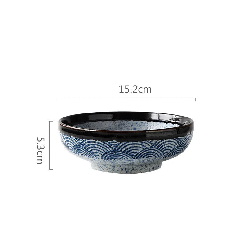 Hand Painting Large Blue Ceramic Ramen Bowl, Soup Salad Plate, Japanese Noodle Dish, Kitchen Mixing Bowls, Tableware