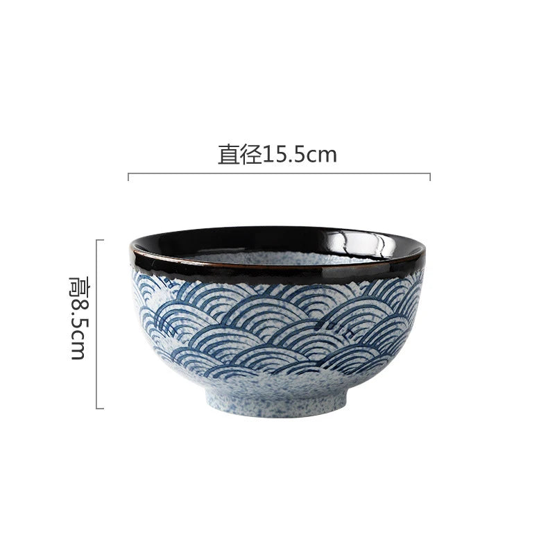 Hand Painting Large Blue Ceramic Ramen Bowl, Soup Salad Plate, Japanese Noodle Dish, Kitchen Mixing Bowls, Tableware