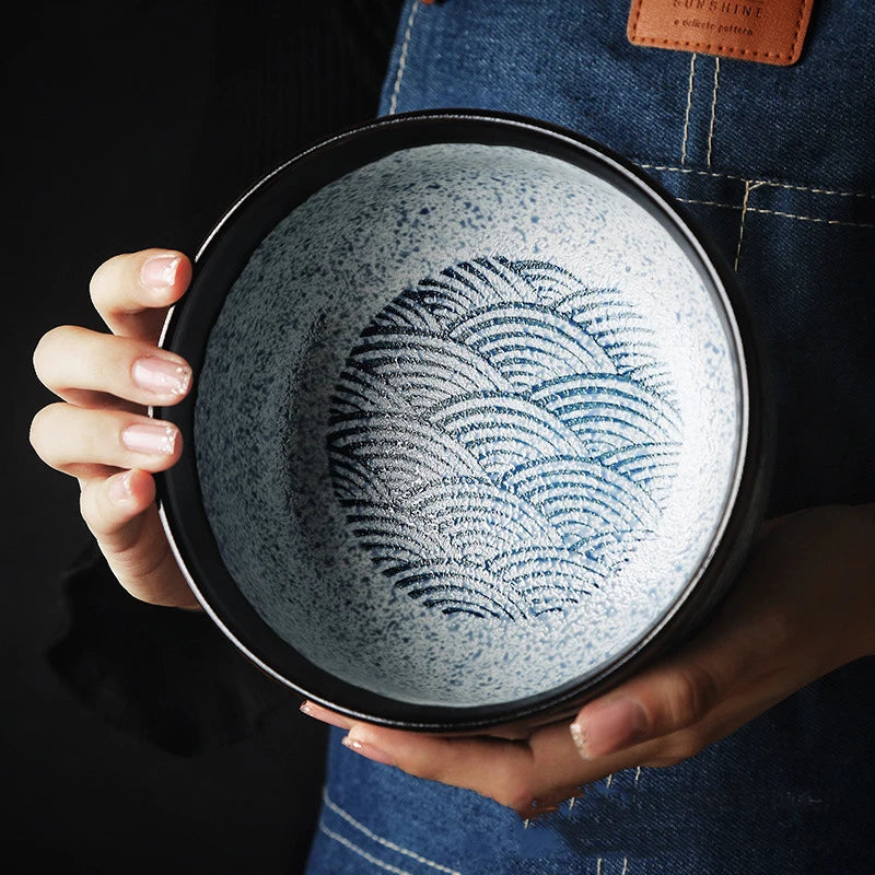 Hand Painting Large Blue Ceramic Ramen Bowl, Soup Salad Plate, Japanese Noodle Dish, Kitchen Mixing Bowls, Tableware