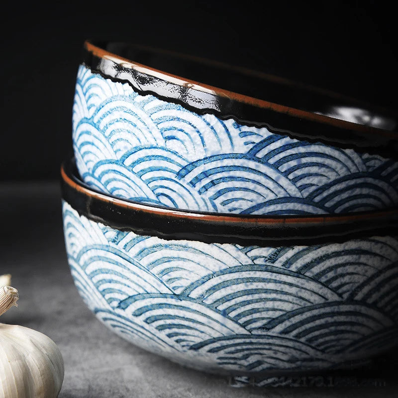 Hand Painting Large Blue Ceramic Ramen Bowl, Soup Salad Plate, Japanese Noodle Dish, Kitchen Mixing Bowls, Tableware