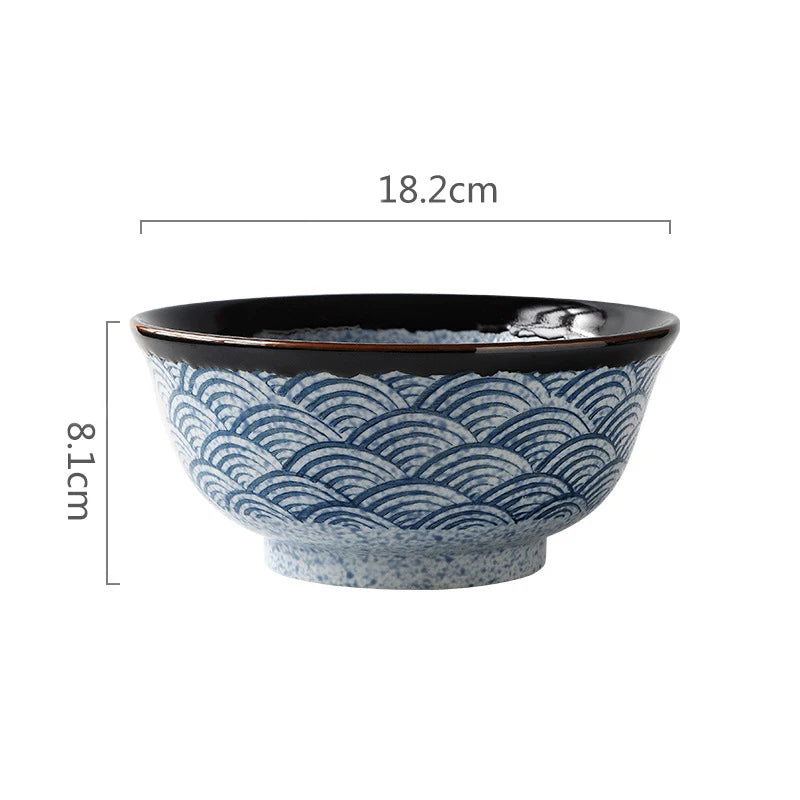 Hand Painting Large Blue Ceramic Ramen Bowl, Soup Salad Plate, Japanese Noodle Dish, Kitchen Mixing Bowls, Tableware