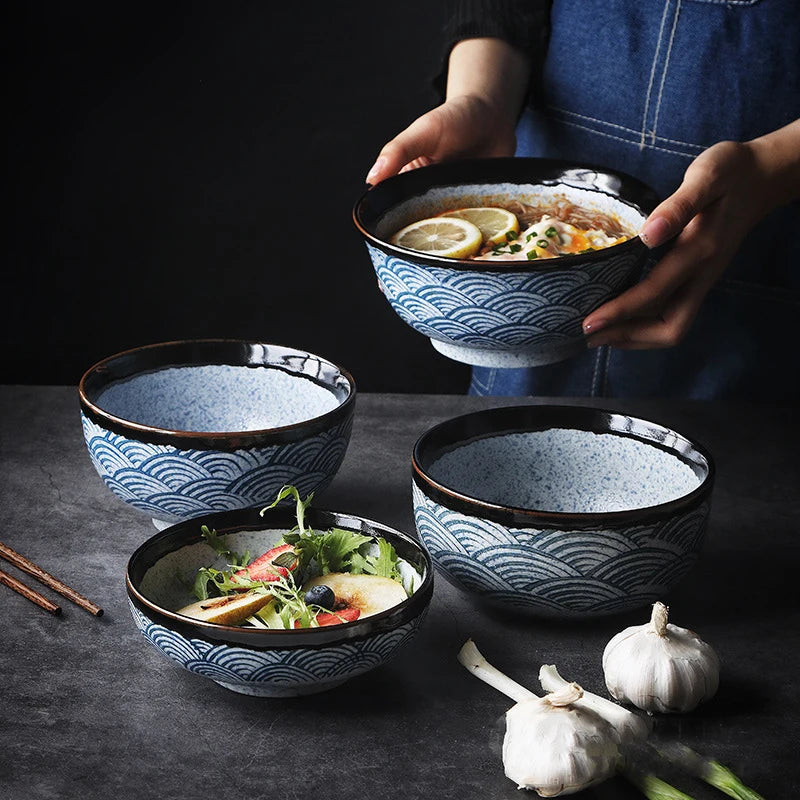 Hand Painting Large Blue Ceramic Ramen Bowl, Soup Salad Plate, Japanese Noodle Dish, Kitchen Mixing Bowls, Tableware