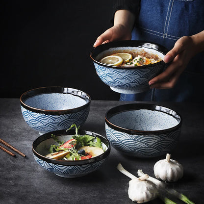 Hand Painting Large Blue Ceramic Ramen Bowl, Soup Salad Plate, Japanese Noodle Dish, Kitchen Mixing Bowls, Tableware