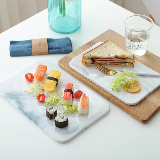 Marble Cutting Board for Cheese Crackers and Sushi Serving, Ceramic Rectangular Plate, Storage Tray, Food Container, Crockery