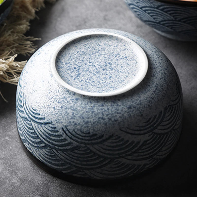 Hand Painting Large Blue Ceramic Ramen Bowl, Soup Salad Plate, Japanese Noodle Dish, Kitchen Mixing Bowls, Tableware