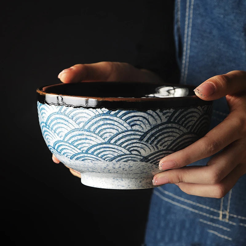 Hand Painting Large Blue Ceramic Ramen Bowl, Soup Salad Plate, Japanese Noodle Dish, Kitchen Mixing Bowls, Tableware