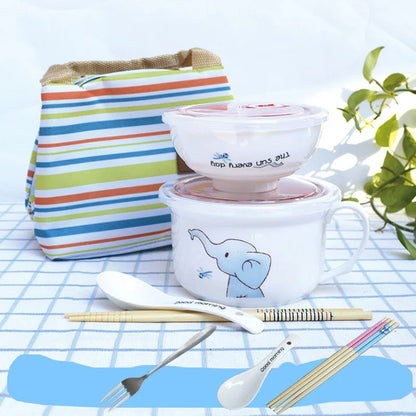Ceramic Instant Noodle Bowl Japanese-style Large Cute Porcelain Bowl Cartoon Covered Tableware Student Dormitory with Single