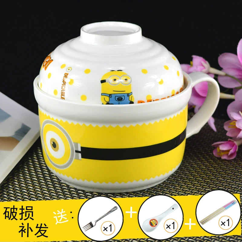 Ceramic Instant Noodle Bowl Japanese-style Large Cute Porcelain Bowl Cartoon Covered Tableware Student Dormitory with Single