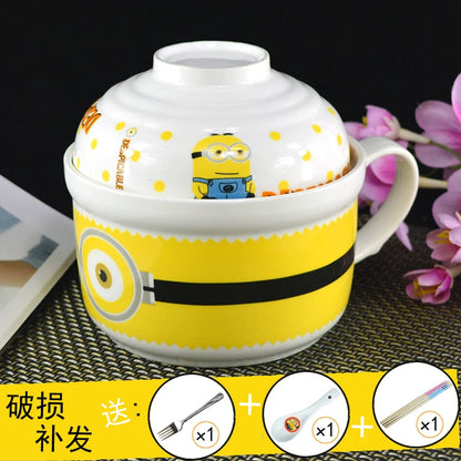 Ceramic Instant Noodle Bowl Japanese-style Large Cute Porcelain Bowl Cartoon Covered Tableware Student Dormitory with Single