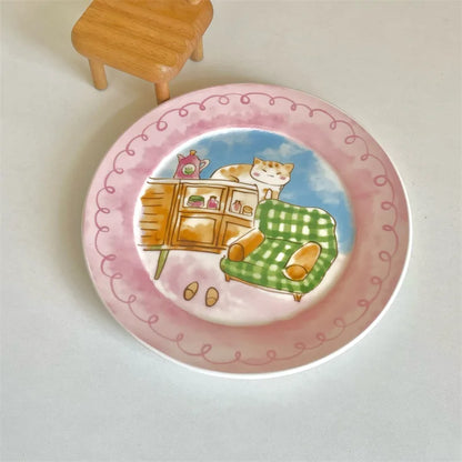 Cute and Playful Cartoon Ceramic Plate Korean High Aesthetic Household Tableware Dessert Plate Salad BreakfastPlate Ceramic Flat