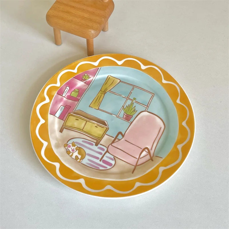 Cute and Playful Cartoon Ceramic Plate Korean High Aesthetic Household Tableware Dessert Plate Salad BreakfastPlate Ceramic Flat