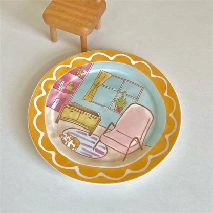 Cute and Playful Cartoon Ceramic Plate Korean High Aesthetic Household Tableware Dessert Plate Salad BreakfastPlate Ceramic Flat