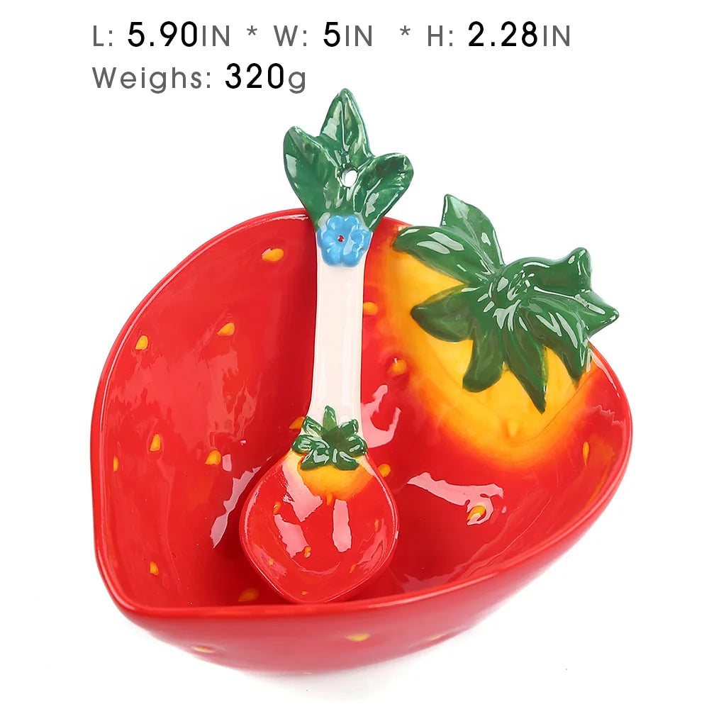 Ceramic Strawberry Bowl with Spoon Creative Fruit Shape Dessert Pudding Salad Bowl Ice Cream Cup Ceramic Spice Dishes Tableware