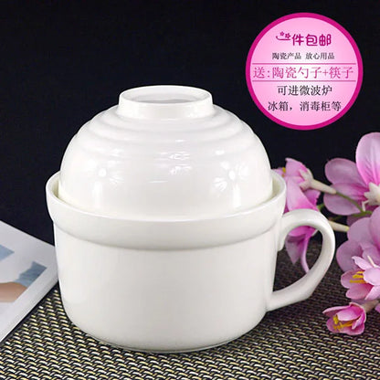 Ceramic Instant Noodle Bowl Japanese-style Large Cute Porcelain Bowl Cartoon Covered Tableware Student Dormitory with Single