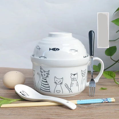 Ceramic Instant Noodle Bowl Japanese-style Large Cute Porcelain Bowl Cartoon Covered Tableware Student Dormitory with Single