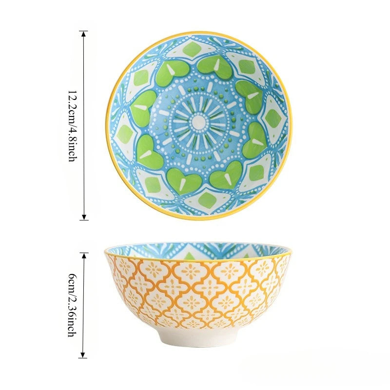 4Pcs Bohemian-style Noodle Bowl Household Rice Ceramic Bowl Restaurant Home Tableware Eating Dishes Soup Bowls