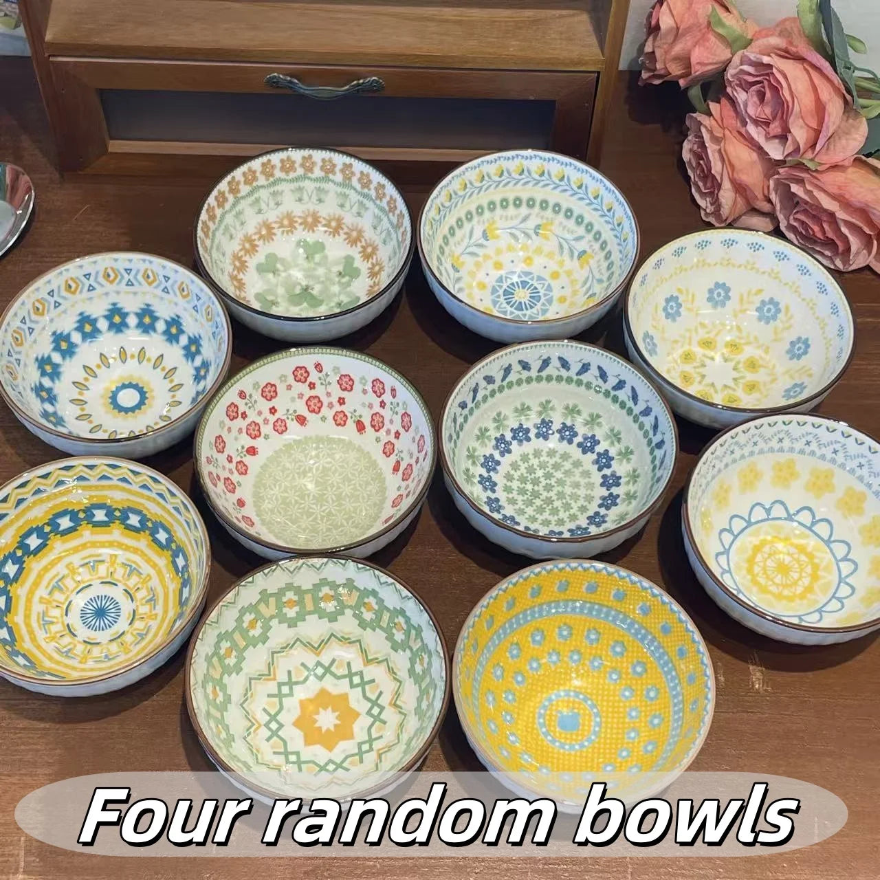 4/6 Pcs Bohemian Ceramic Bowls Set Multi-purpose for Salad Pasta Dessert Rice Soup Fruit Dishwasher Microwave Safe