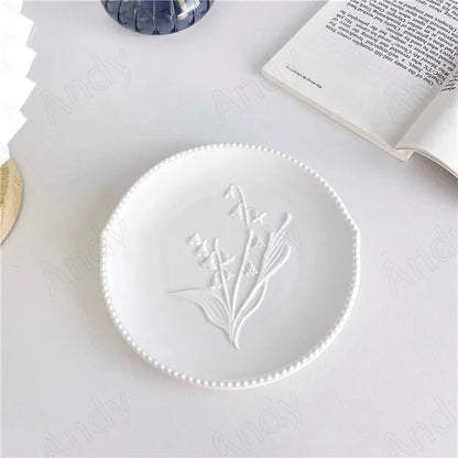 European Ceramic Plate Manual Floral Relief Decorative Breakfast Bread Plates Afternoon Tea Dessert Organizer Kitchen Tableware