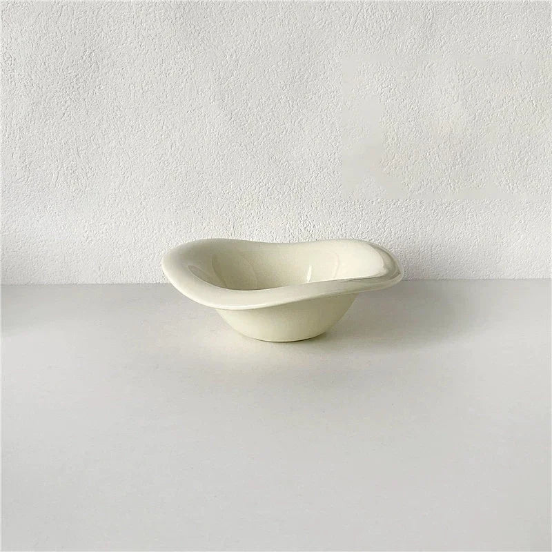 Ceramic Saucer Ins Style Salad Bowl Dishwasher Safe Fruit Yogurt Mixing Plate Wave Shaped Creamy Color Dessert Snack Container