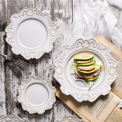 Retro Ceramic Tableware Dishes West Plate Rice Bowl Soup Noodles Dessert Plate Pattern European Relief Dinnerware