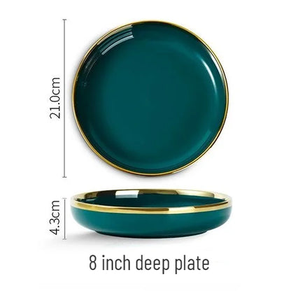 Gold Edging Green Porcelain Plates Food Dinner Set Dishes Salad Soup Bowl Ceramic Plates Bowls Luxurious Tableware Set