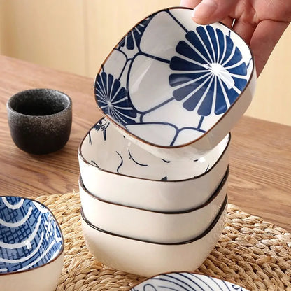 2/6Pcs Vintage Blue Dipping Bowls Ceramic Japanese Style Mini Appetizer Plates Thicken Dishwasher Safe Small Side Dishes