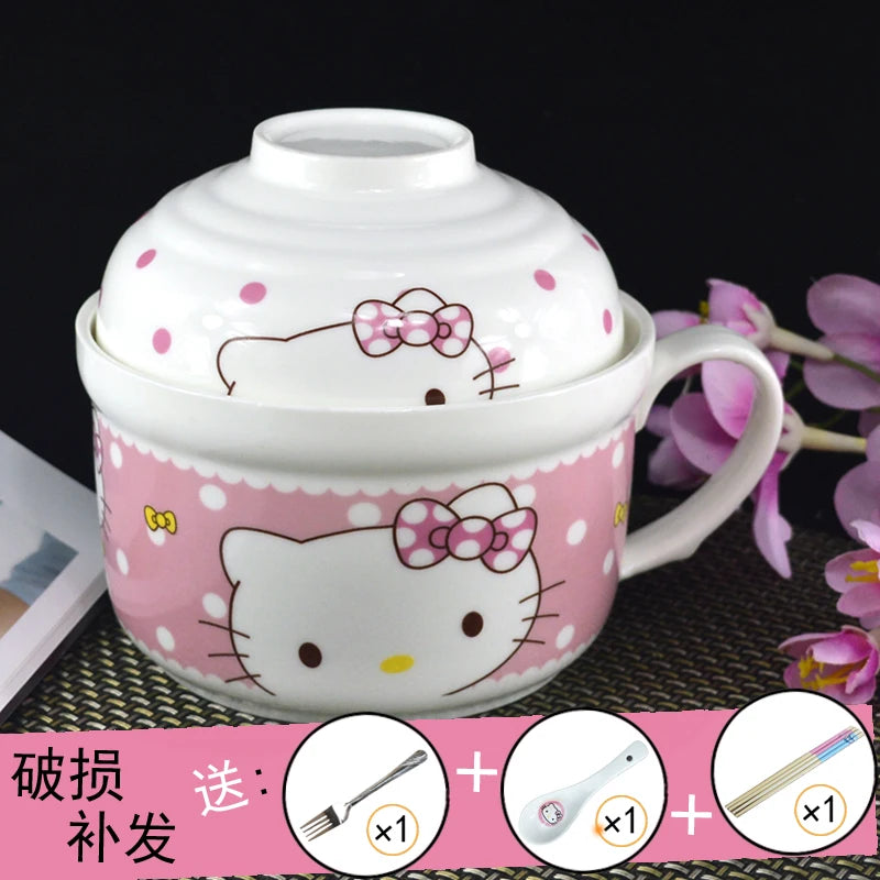 Ceramic Instant Noodle Bowl Japanese-style Large Cute Porcelain Bowl Cartoon Covered Tableware Student Dormitory with Single