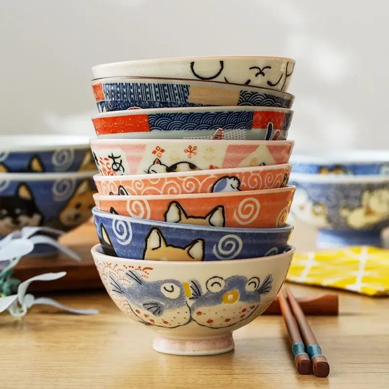 Cartoon Ceramic Japanese Bowl, Cute Seasoning Kitchen Tableware,Soup Rice Bowls, Instant Noodle Bowls, Underglaze Colored Plates