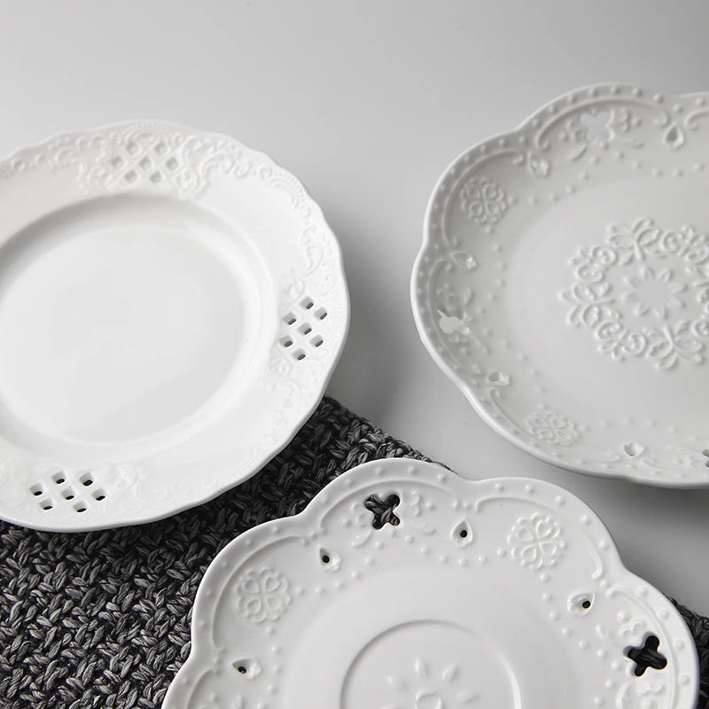 6inch, white embossed porcelain serving dish, ceramic kitchen plates, wedding plates for decoration, party buffet fruit plate