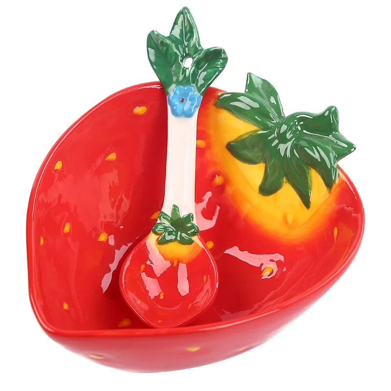 Ceramic Strawberry Bowl with Spoon Creative Fruit Shape Dessert Pudding Salad Bowl Ice Cream Cup Ceramic Spice Dishes Tableware