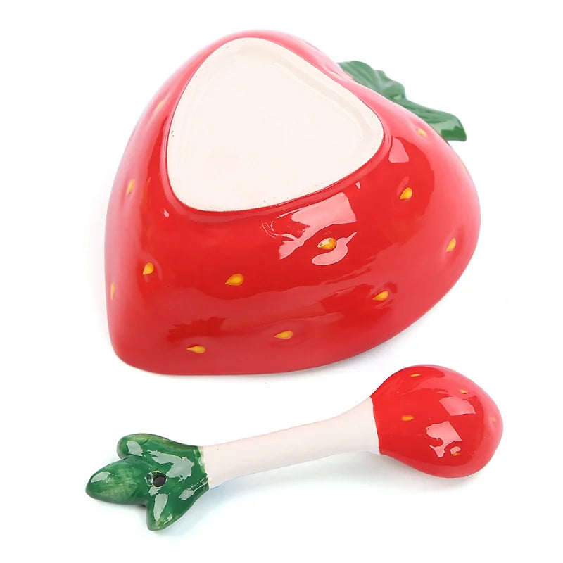 Ceramic Strawberry Bowl with Spoon Creative Fruit Shape Dessert Pudding Salad Bowl Ice Cream Cup Ceramic Spice Dishes Tableware