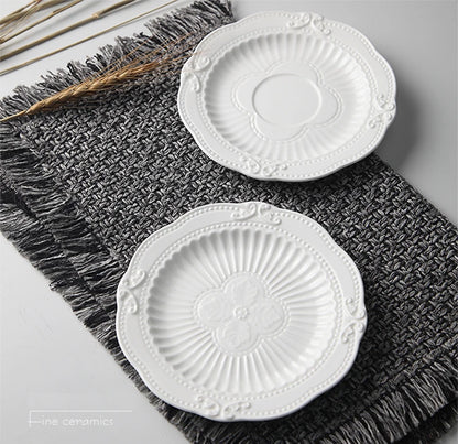 6inch, white embossed porcelain serving dish, ceramic kitchen plates, wedding plates for decoration, party buffet fruit plate