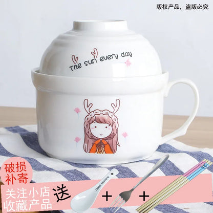 Ceramic Instant Noodle Bowl Japanese-style Large Cute Porcelain Bowl Cartoon Covered Tableware Student Dormitory with Single