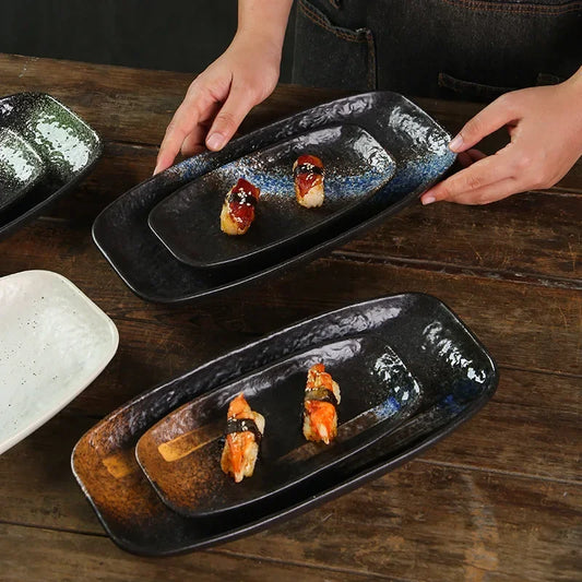 Ceramic sushi plate, barbecue  fish plate, Japanese-style rectangular large flat , commercial hotel tableware