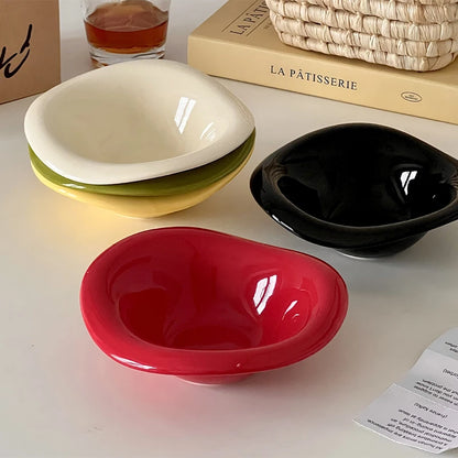 Ceramic Saucer Ins Style Salad Bowl Dishwasher Safe Fruit Yogurt Mixing Plate Wave Shaped Creamy Color Dessert Snack Container