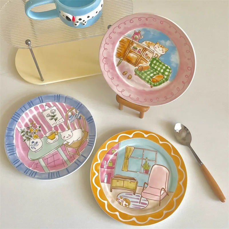 Cute and Playful Cartoon Ceramic Plate Korean High Aesthetic Household Tableware Dessert Plate Salad BreakfastPlate Ceramic Flat