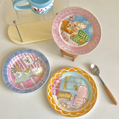Cute and Playful Cartoon Ceramic Plate Korean High Aesthetic Household Tableware Dessert Plate Salad BreakfastPlate Ceramic Flat