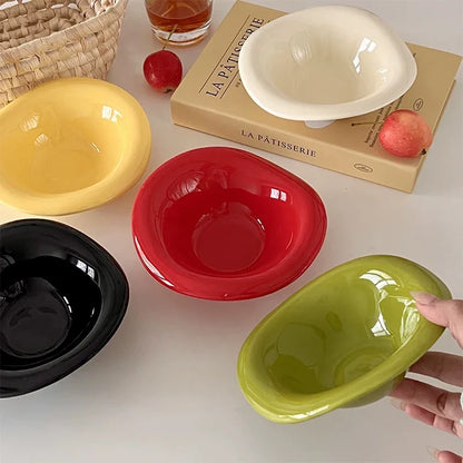 Ceramic Saucer Ins Style Salad Bowl Dishwasher Safe Fruit Yogurt Mixing Plate Wave Shaped Creamy Color Dessert Snack Container