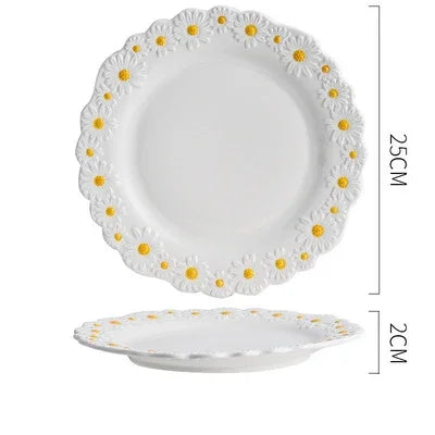 Embossed Plate Ceramic Relief Little Daisy Dinner Set Household Dishes Rice Soup Bowl Meal Plate Bakeware Kitchen Tableware